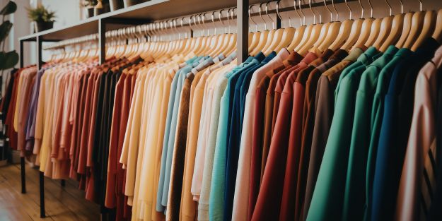 portant rempli de vêtements sur des cintres